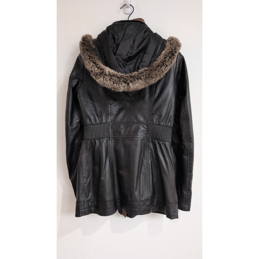 Danier Black & Brown Insulated zip up Leather Jacket w hood size 2XS p2p18" - Picture 5 of 8